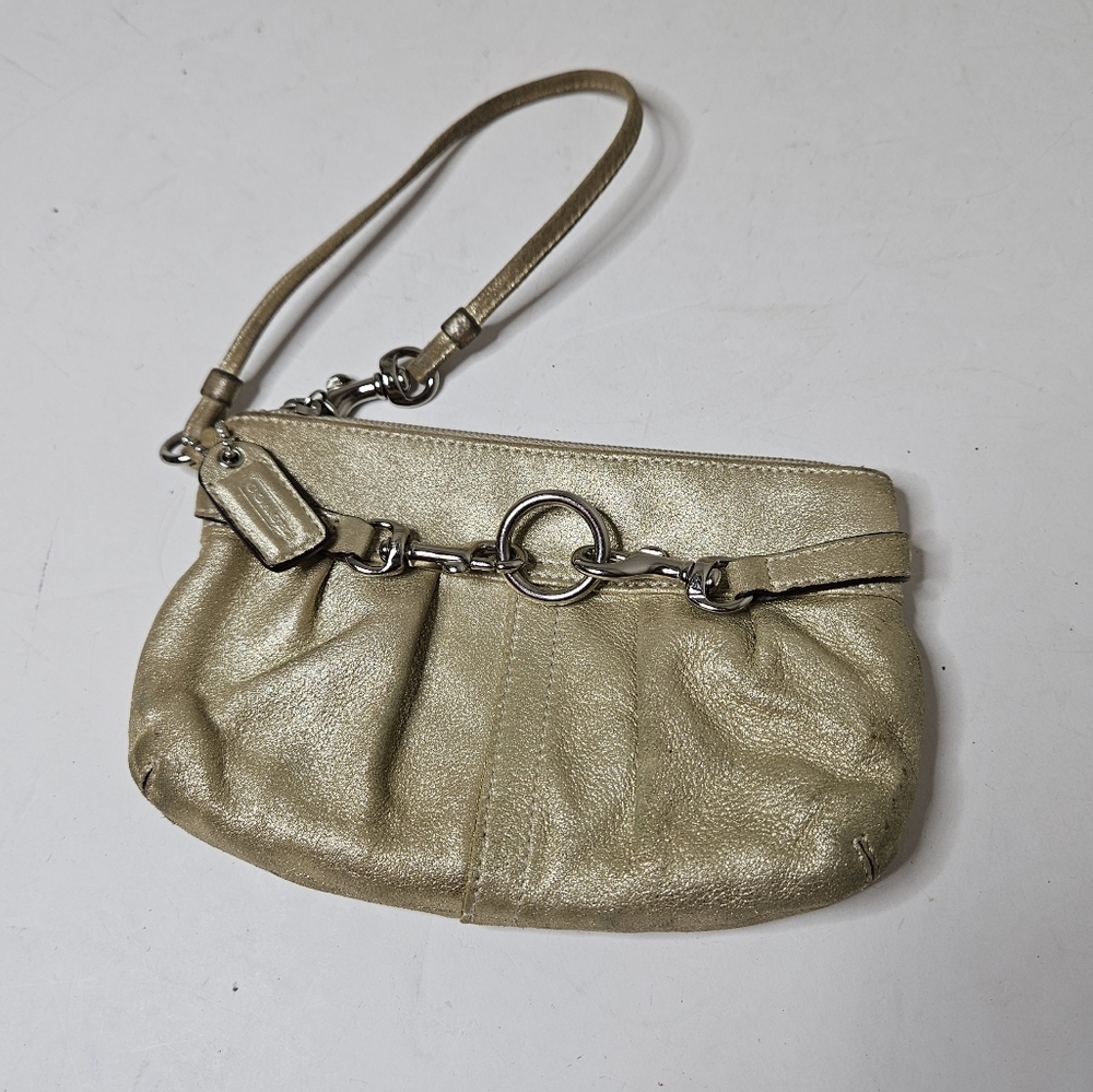 Coach Gold Leather Wristlet Wallet Champagne Silver Chain Zipper Strap